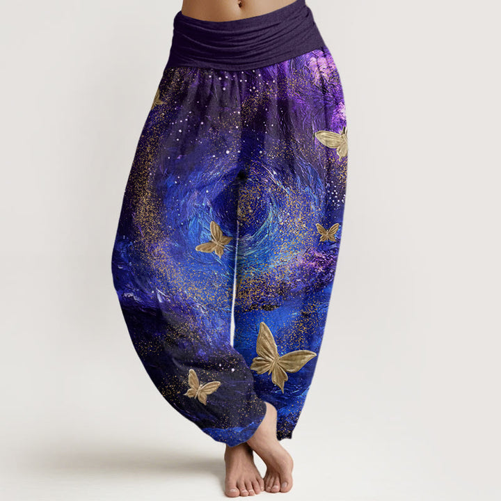 Pantalones harén con cintura elástica para mujer, con estampado de mariposas y nebulosas de Buddha Stones - Azul medio - US22，UK/AU26，EU54 (6XL) - image 1