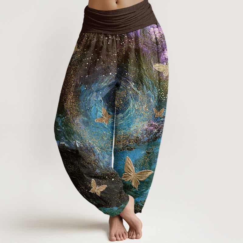 Pantalones harén con cintura elástica para mujer, con estampado de mariposas y nebulosas de Buddha Stones - Aceituna - US22，UK/AU26，EU54 (6XL) - image 8