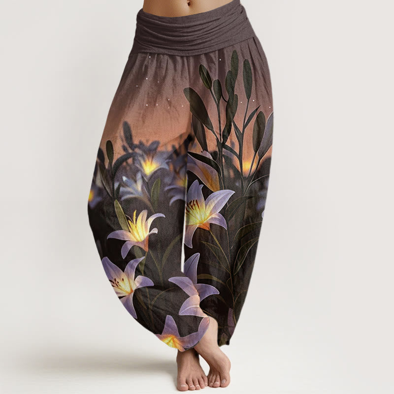 Pantalones harén con cintura elástica para mujer, con estampado de lirios y piedras de Buddha Stones - SaddleBrown - US22，UK/AU26，EU54 (6XL) - image 5