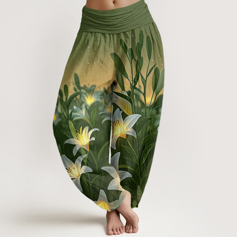 Pantalones harén con cintura elástica para mujer, con estampado de lirios y piedras de Buddha Stones - Verde oliva - US22，UK/AU26，EU54 (6XL) - image 8
