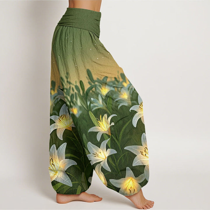 Pantalones harén con cintura elástica para mujer, con estampado de lirios y piedras de Buddha Stones - image 10