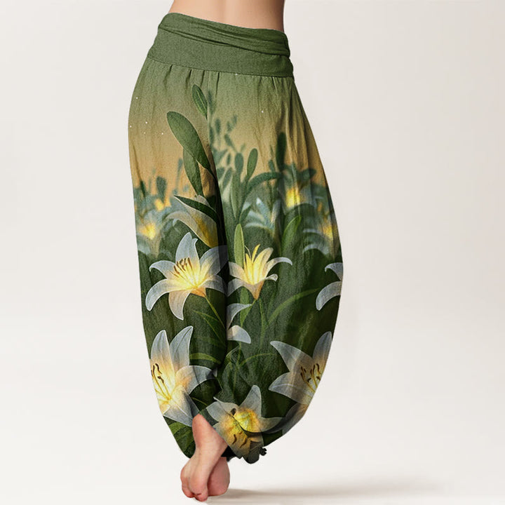Pantalones harén con cintura elástica para mujer, con estampado de lirios y piedras de Buddha Stones - image 9