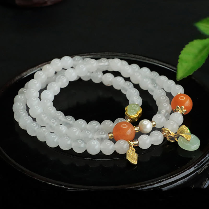 Pulsera de la suerte con carácter Fu y calabaza multicapa de jade blanco natural con Buddha Stones