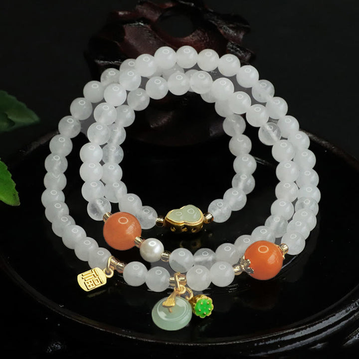 Pulsera de la suerte con carácter Fu y calabaza multicapa de jade blanco natural con Buddha Stones