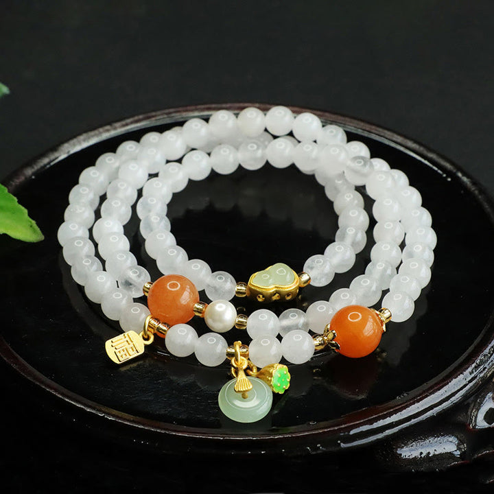 Pulsera de la suerte con carácter Fu y calabaza multicapa de jade blanco natural con Buddha Stones