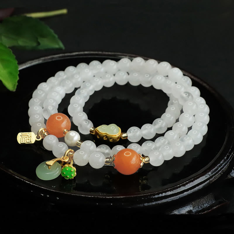 Pulsera de la suerte con carácter Fu y calabaza multicapa de jade blanco natural con Buddha Stones