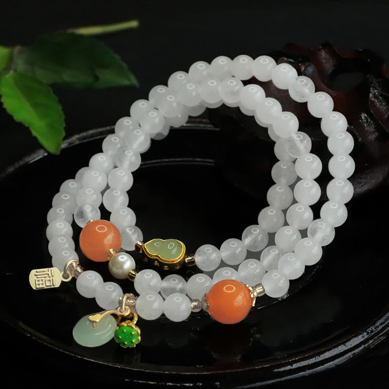 Pulsera de la suerte con carácter Fu y calabaza multicapa de jade blanco natural con Buddha Stones
