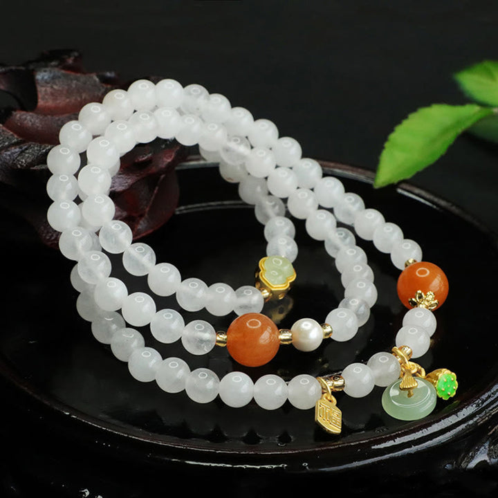 Pulsera de la suerte con carácter Fu y calabaza multicapa de jade blanco natural con Buddha Stones