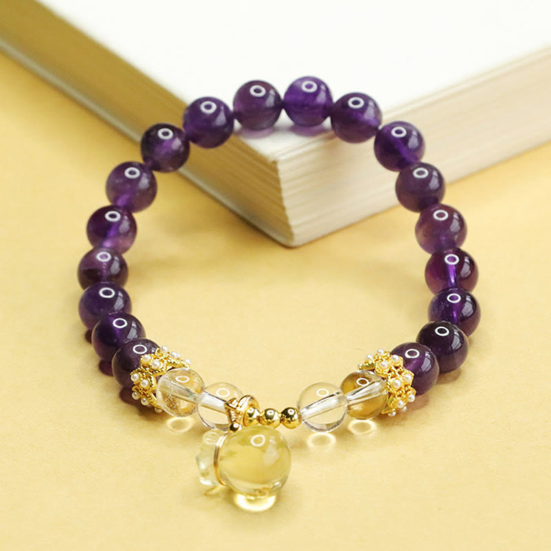 Pulsera de equilibrio con forma de bolsa de dinero de amatista y citrino natural de Buddha Stones