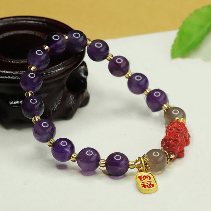 Pulsera de equilibrio con Buddha Stones, amatista natural, cinabrio y carácter Pi Xiu Fu