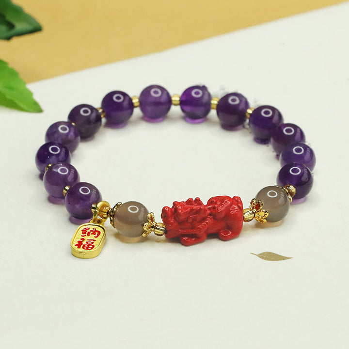 Pulsera de equilibrio con Buddha Stones, amatista natural, cinabrio y carácter Pi Xiu Fu