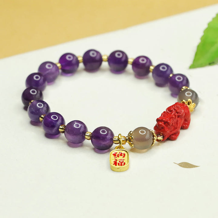 Pulsera de equilibrio con Buddha Stones, amatista natural, cinabrio y carácter Pi Xiu Fu