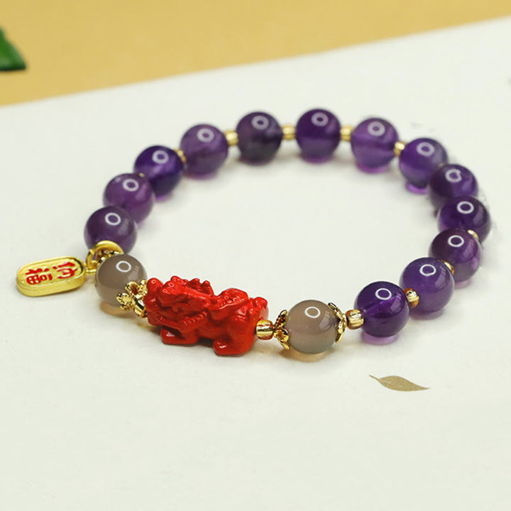 Pulsera de equilibrio con Buddha Stones, amatista natural, cinabrio y carácter Pi Xiu Fu