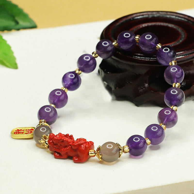 Pulsera de equilibrio con Buddha Stones, amatista natural, cinabrio y carácter Pi Xiu Fu