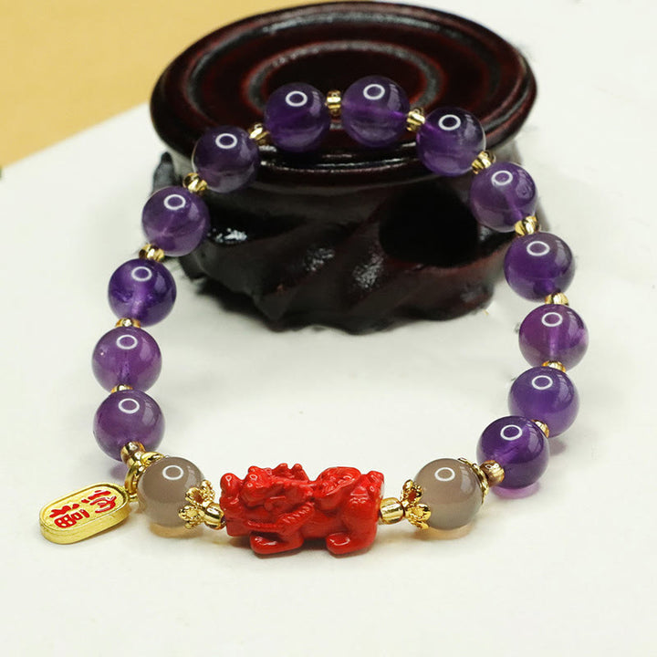 Pulsera de equilibrio con Buddha Stones, amatista natural, cinabrio y carácter Pi Xiu Fu