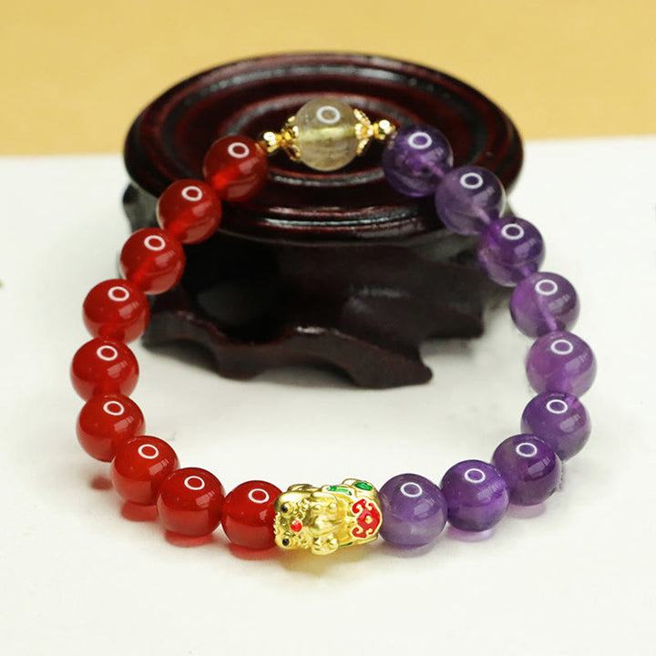Pulsera de equilibrio Pi Xiu de ágata roja y amatista natural de Buddha Stones
