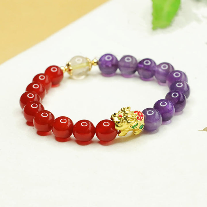 Pulsera de equilibrio Pi Xiu de ágata roja y amatista natural de Buddha Stones