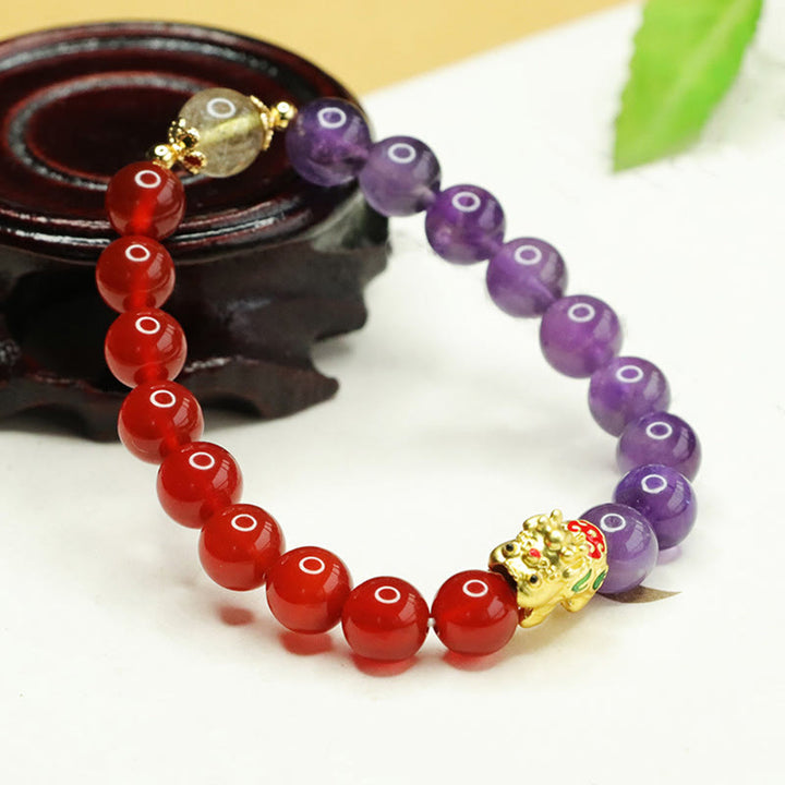 Pulsera de equilibrio Pi Xiu de ágata roja y amatista natural de Buddha Stones