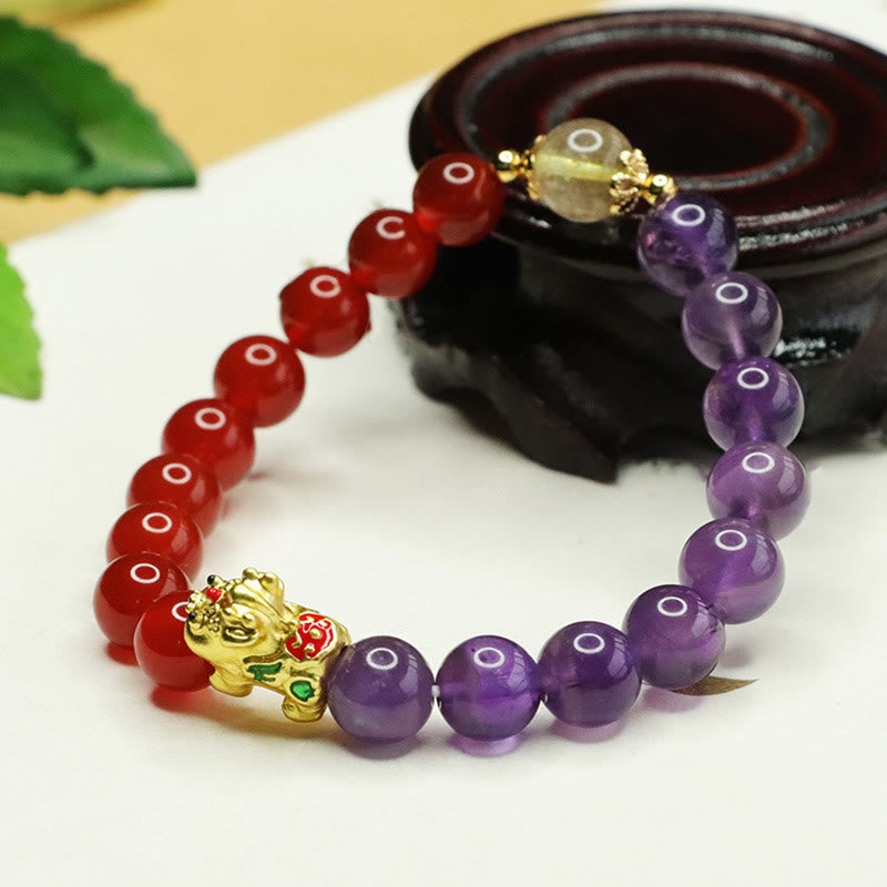Pulsera de equilibrio Pi Xiu de ágata roja y amatista natural de Buddha Stones