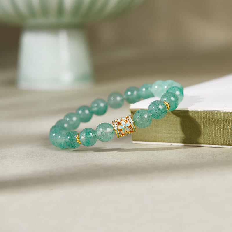 Pulsera Buddha Stones de plata de ley 925 con cuarzo fresa verde y flor de la calma - image 1