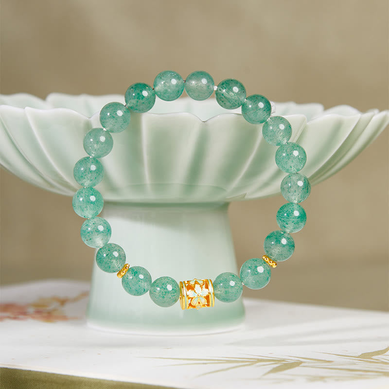 Pulsera Buddha Stones de plata de ley 925 con cuarzo fresa verde y flor de la calma - image 2
