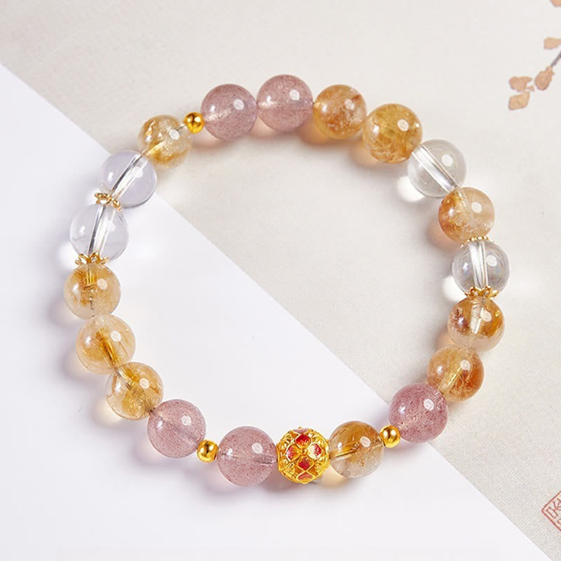 Pulsera de protección Buddha Stones de plata de ley 999 con citrino, cuarzo fresa y cristal blanco
