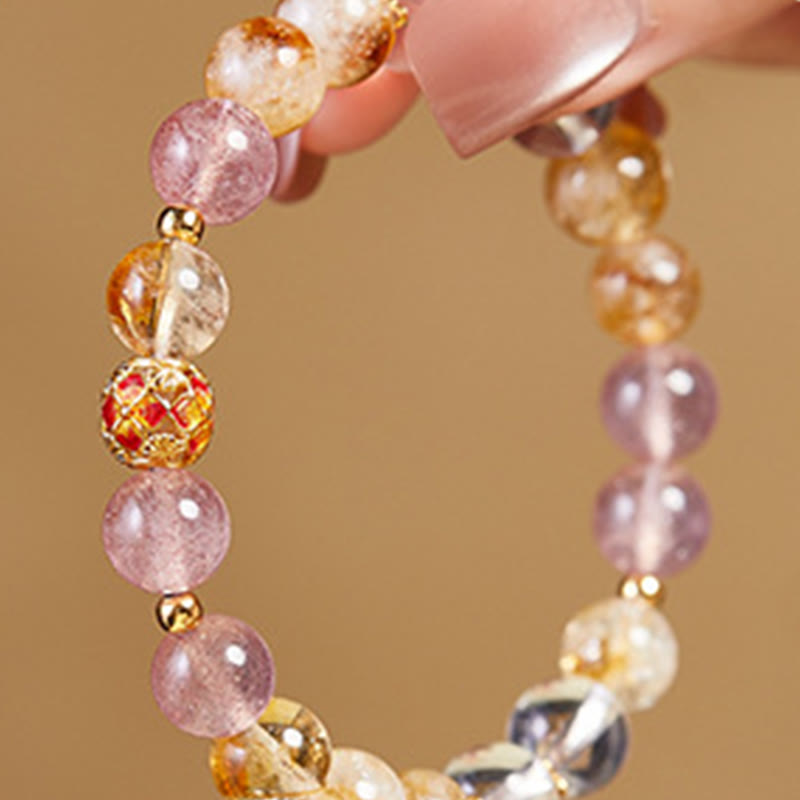 Pulsera de protección Buddha Stones de plata de ley 999 con citrino, cuarzo fresa y cristal blanco