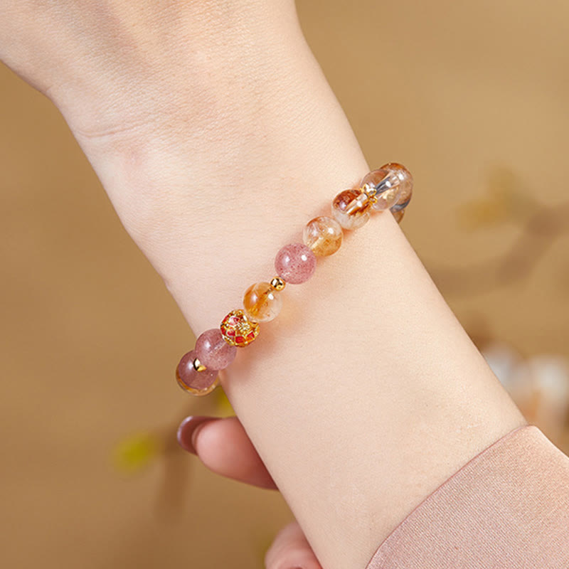 Pulsera de protección Buddha Stones de plata de ley 999 con citrino, cuarzo fresa y cristal blanco