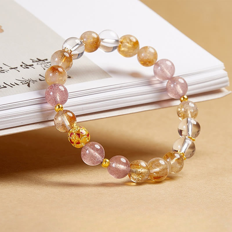 Pulsera de protección Buddha Stones de plata de ley 999 con citrino, cuarzo fresa y cristal blanco