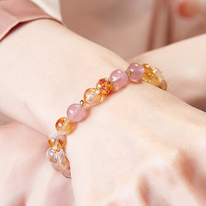 Pulsera de protección Buddha Stones de plata de ley 999 con citrino, cuarzo fresa y cristal blanco