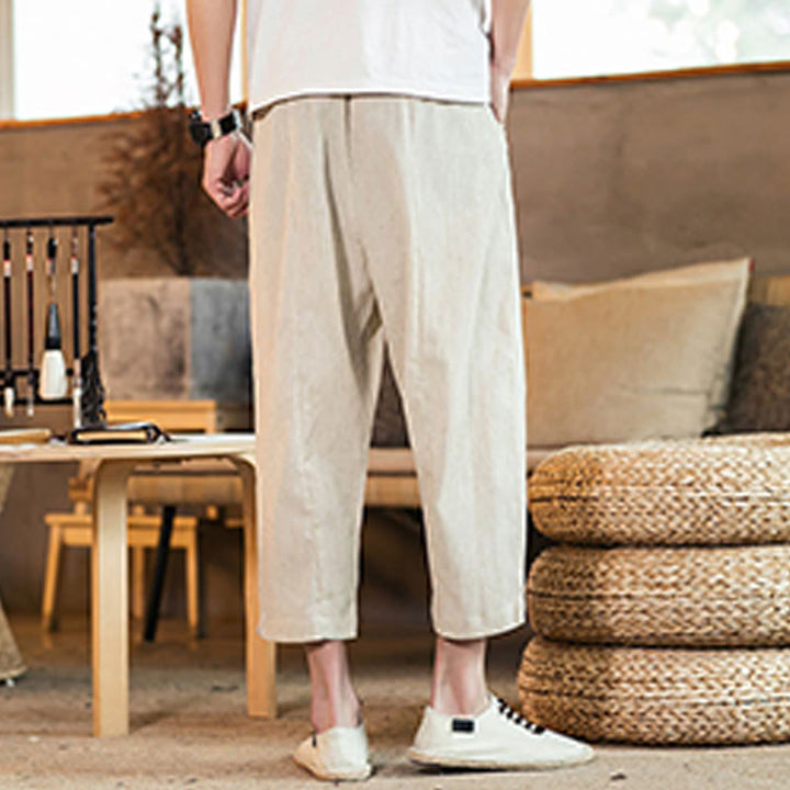 Pantalones casuales de lino y algodón con cintura elástica y bolsillos para hombre, de Buddha Stones, de color liso y con cordón ajustable. - image 42