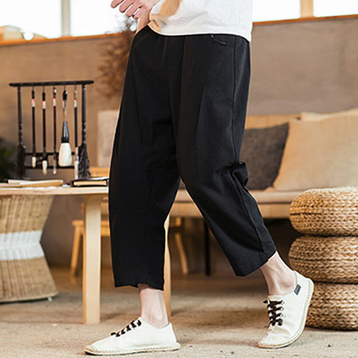 Pantalones casuales de lino y algodón con cintura elástica y bolsillos para hombre, de Buddha Stones, de color liso y con cordón ajustable. - image 28
