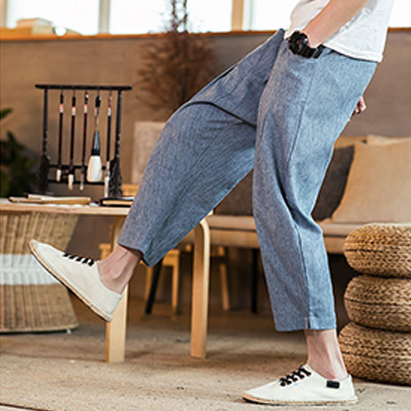 Pantalones casuales de lino y algodón con cintura elástica y bolsillos para hombre, de Buddha Stones, de color liso y con cordón ajustable. - image 38