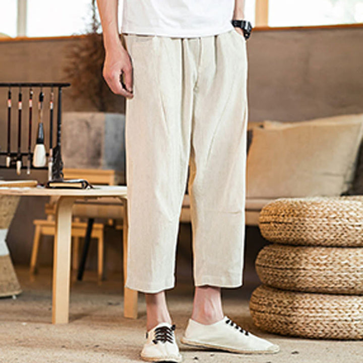 Pantalones casuales de lino y algodón con cintura elástica y bolsillos para hombre, de Buddha Stones, de color liso y con cordón ajustable. - image 43