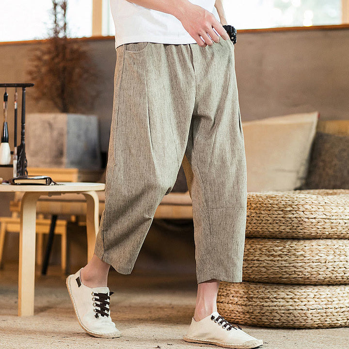 Pantalones casuales de lino y algodón con cintura elástica y bolsillos para hombre, de Buddha Stones, de color liso y con cordón ajustable. - Caqui oscuro - US/UK/AU46, EU56 (5XL) - image 0