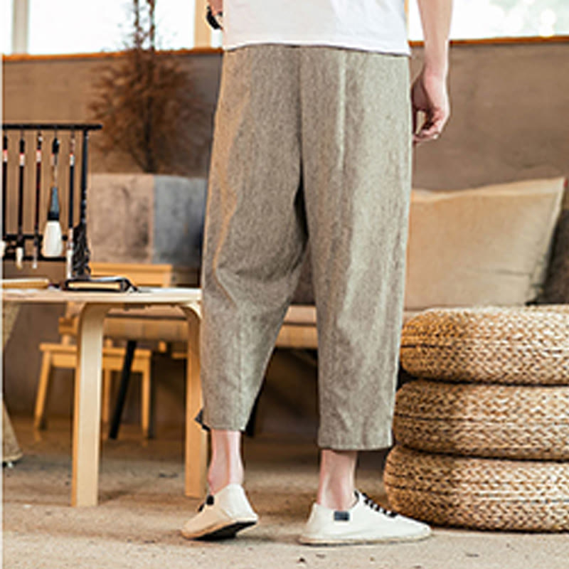 Pantalones casuales de lino y algodón con cintura elástica y bolsillos para hombre, de Buddha Stones, de color liso y con cordón ajustable. - image 4