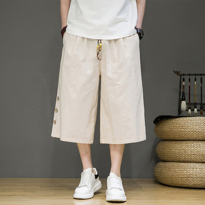Pantalones cortos casuales de algodón con cordón y bolsillos para hombre, con diseño de botones laterales y Buddha Stones