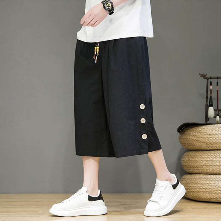 Pantalones cortos casuales de algodón con cordón y bolsillos para hombre, con diseño de botones laterales y Buddha Stones