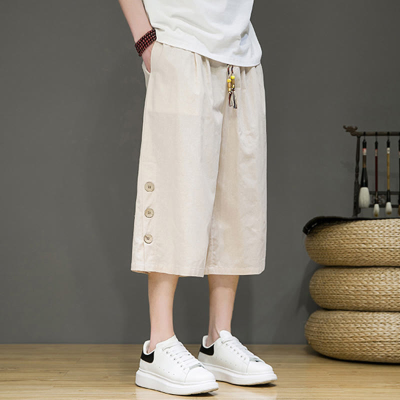 Pantalones cortos casuales de algodón con cordón y bolsillos para hombre, con diseño de botones laterales y Buddha Stones