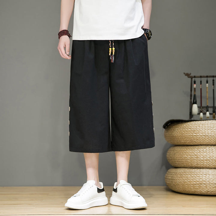 Pantalones cortos casuales de algodón con cordón y bolsillos para hombre, con diseño de botones laterales y Buddha Stones - Negro - US/UK/AU46, EU56 (5XL) - image 8