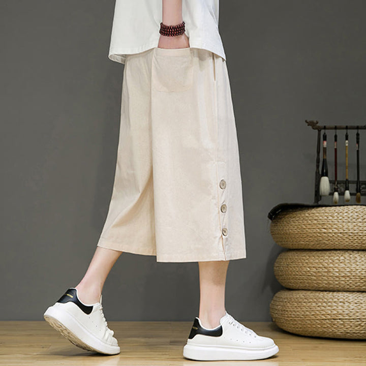 Pantalones cortos casuales de algodón con cordón y bolsillos para hombre, con diseño de botones laterales y Buddha Stones