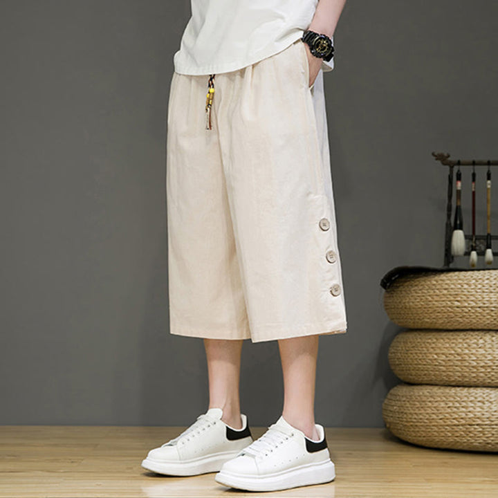 Pantalones cortos casuales de algodón con cordón y bolsillos para hombre, con diseño de botones laterales y Buddha Stones - image 3