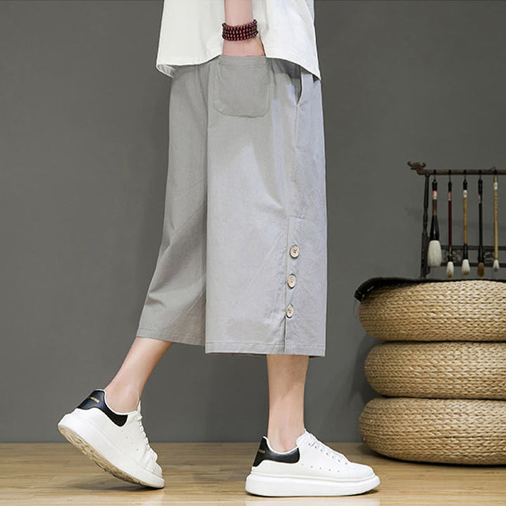 Pantalones cortos casuales de algodón con cordón y bolsillos para hombre, con diseño de botones laterales y Buddha Stones