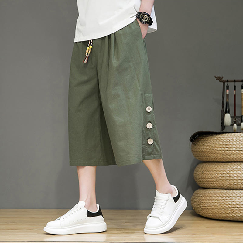 Pantalones cortos casuales de algodón con cordón y bolsillos para hombre, con diseño de botones laterales y Buddha Stones