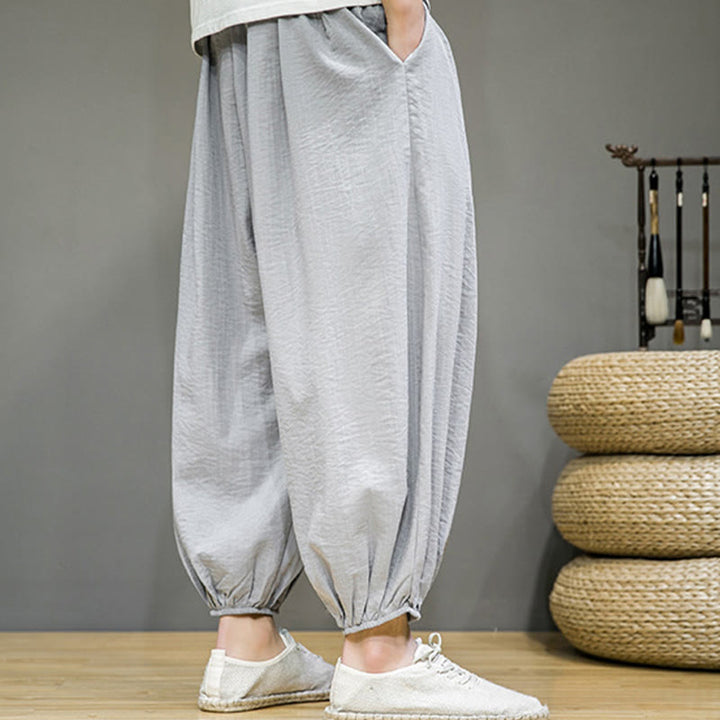 Pantalones harén de algodón con cordón ajustable para hombre, hasta el tobillo, con bolsillos y diseño de Buddha Stones Summer Plain
