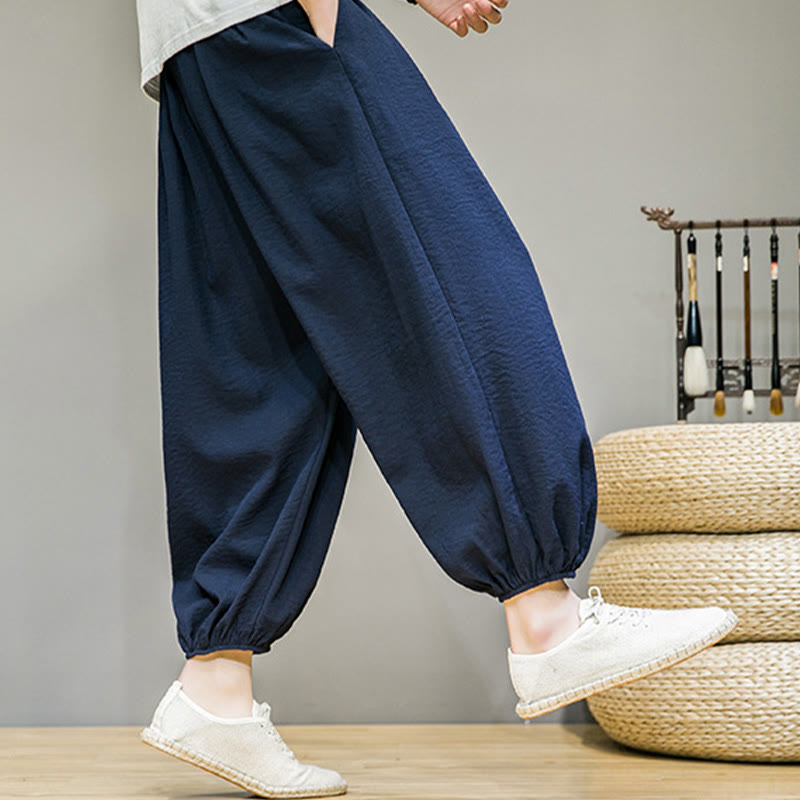 Pantalones harén de algodón con cordón ajustable para hombre, hasta el tobillo, con bolsillos y diseño de Buddha Stones Summer Plain