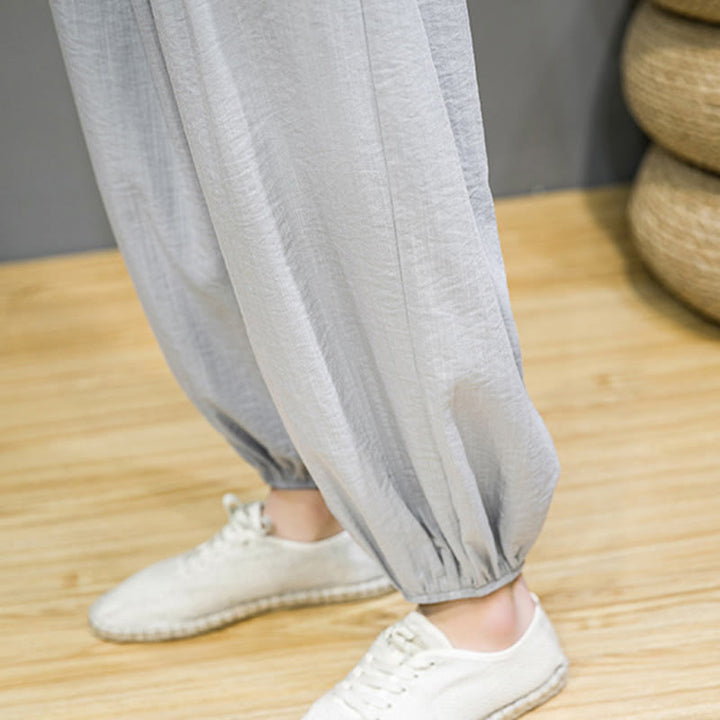Pantalones harén de algodón con cordón ajustable para hombre, hasta el tobillo, con bolsillos y diseño de Buddha Stones Summer Plain