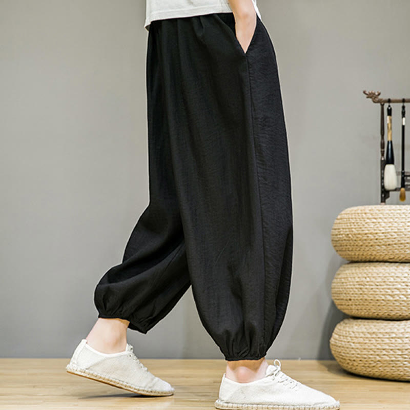 Pantalones harén de algodón con cordón ajustable para hombre, hasta el tobillo, con bolsillos y diseño de Buddha Stones Summer Plain