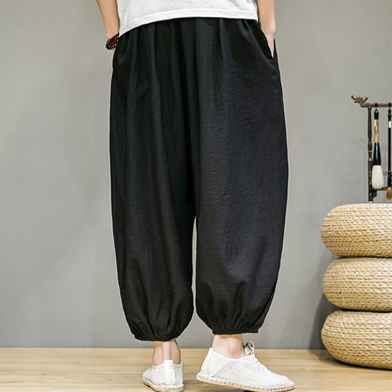 Pantalones harén de algodón con cordón ajustable para hombre, hasta el tobillo, con bolsillos y diseño de Buddha Stones Summer Plain