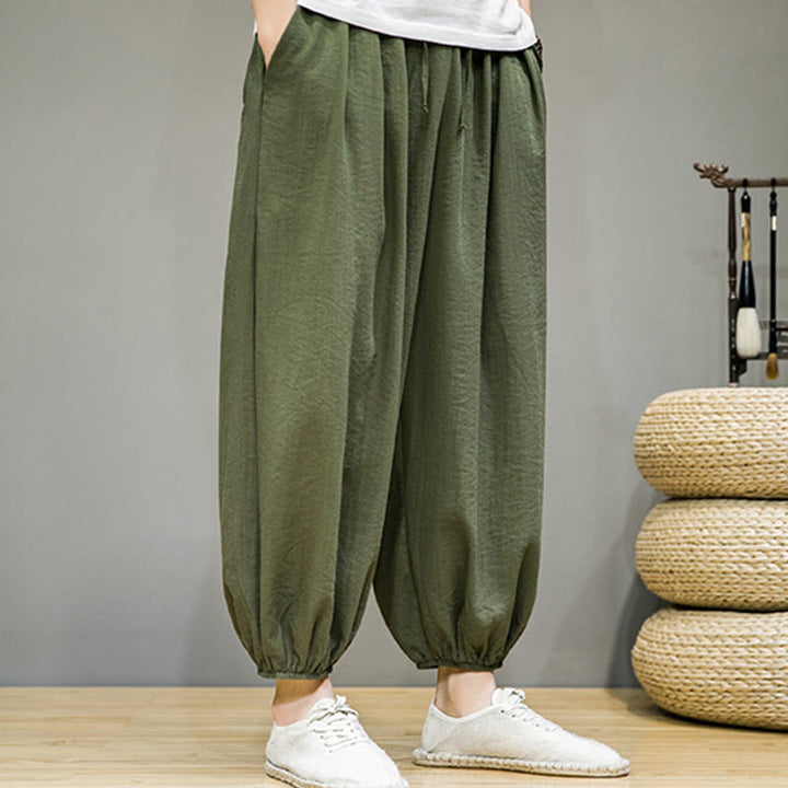 Pantalones harén de algodón con cordón ajustable para hombre, hasta el tobillo, con bolsillos y diseño de Buddha Stones Summer Plain